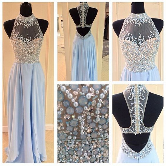 Blue Prom Dress,long Prom Dress,beading Prom Gown,backless Prom Dress,crystal Prom Dress,sexy Evening Dress