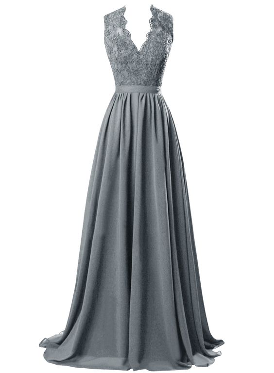 2016 Custom Charming Chiffon Gray Prom Dress,lace Beading Evening Dress,deep V-neck Prom Dress