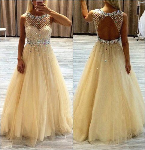 2016 Custom Charming Tulle Yellow Prom Dress,beading Sleeveless Evening Dress,see Through Prom Dress,sexy Backless Prom Dress