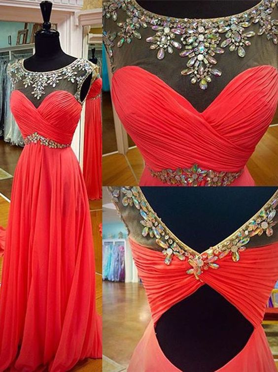 2017 Custom Charming Red Chiffon Prom Dress,beading Evening Dress,see Through Sleeveless Prom Dress