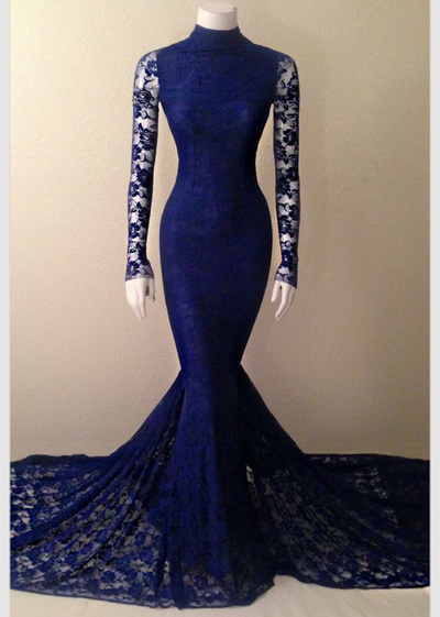 2017 Custom Charming Royal Blue Prom Dress,lace Evening Dress, Long Sleeves Prom Dress
