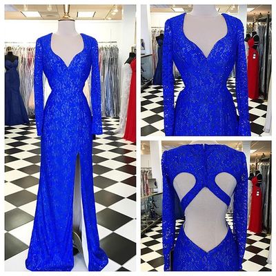 2017 Custom Newest Blue Lace Prom Dress,v-neck Prom Dress,long Sleeves Prom Dress,sexy Slit Evening Dress ,cross Back Prom Dress