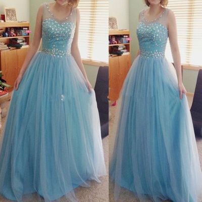2017 Custom Elegant Baby Blue Prom Dress,Beading Prom Dress,O-Neck Prom