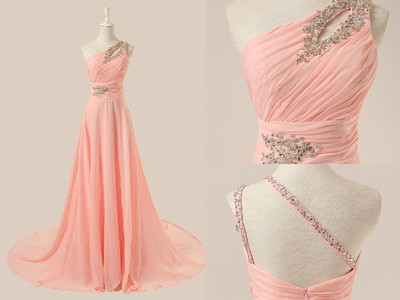 2017 Custom Charming Pink Chiffon Prom Dress,one-shoulder Prom Dress, Backless Evening Dress