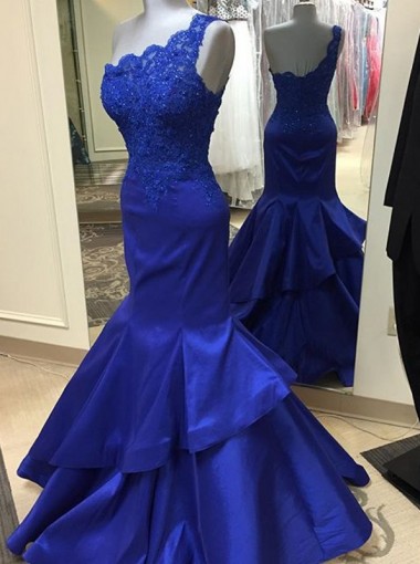 2017 Custom Charming Royal Blue Prom Dress,sexy One Shoulder Evening Dress,beading Prom Dress