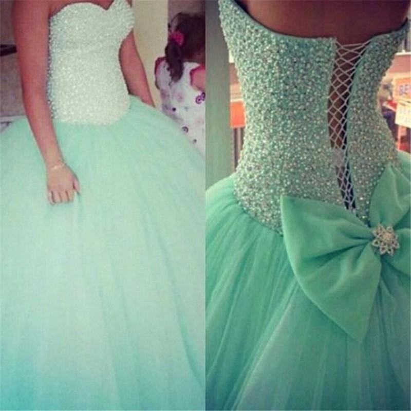 2017 Custom Made Pretty Mint Green Ball Gown, Tulle Beaded Evening Dress Long Tulle Prom Gowns, Formal Gown