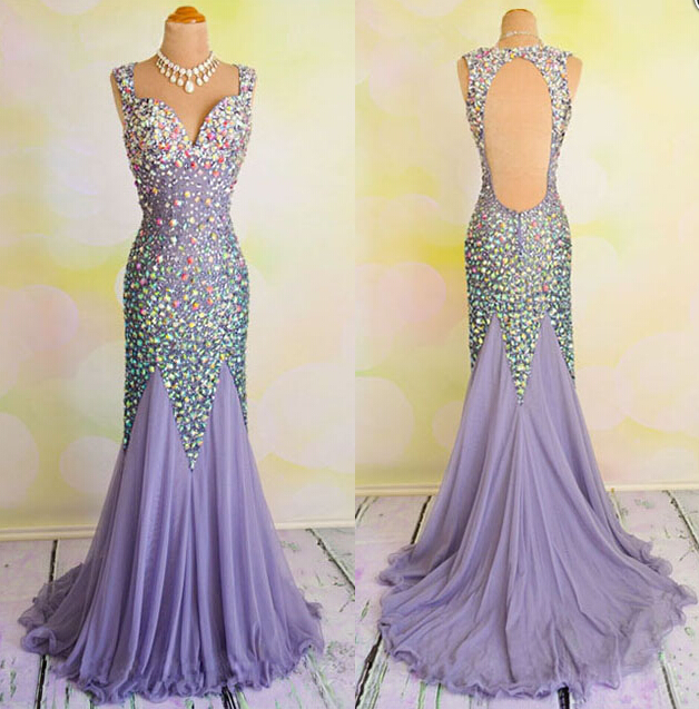 Custom Made Purple Jewel Embellished Sweetheart Neckline Open Back Mermaid Dress, Evening Dress , Bridesmaid Dresses, Weddings, Prom Dresses