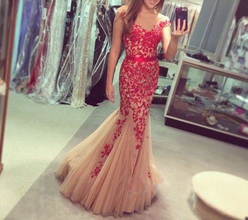2017 Custom Made Charming Prom Dress,o-neck Prom Dress,appliques Prom Dress,tulle Prom Dress,mermaid Evening Dress
