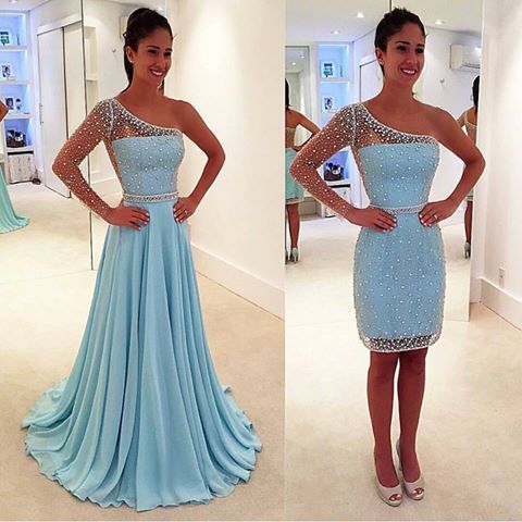 2017 Custom Made Charming Light Blue Prom Dress,beading Chiffon Evening Dress,one Shoulder Prom Dress