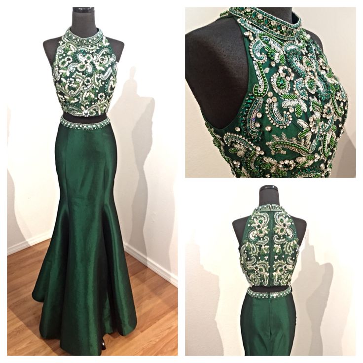 2017 Custom Made Charming Dark Green Two Pieces Prom Dress, Beading Evening Dress, Sexy Halter Prom Dress