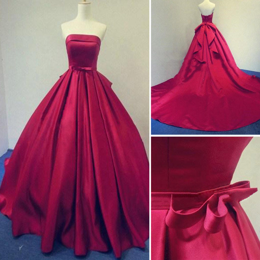 2017 Custom Made Charming Red Prom Dresses, Strapless Prom Dress,bowknot Ball Gown