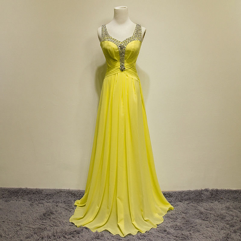 2017 Custom Made Charming Yellow Prom Dresses, Chiffon Prom Dress, Beading Prom Dress