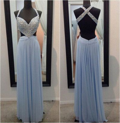 2017 Custom Made Charming Dusty Blue Prom Dress,sexy Beading Evening Dress,backless Chiffon Prom Dress