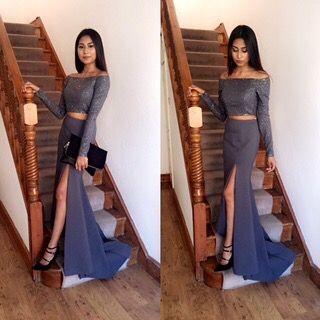 2017 Custom Made Popular Two Pieces Prom Dresses,long Sleeves Evening Dresses, Beading Prom Dresses,sexy Side Slit Evening Dress