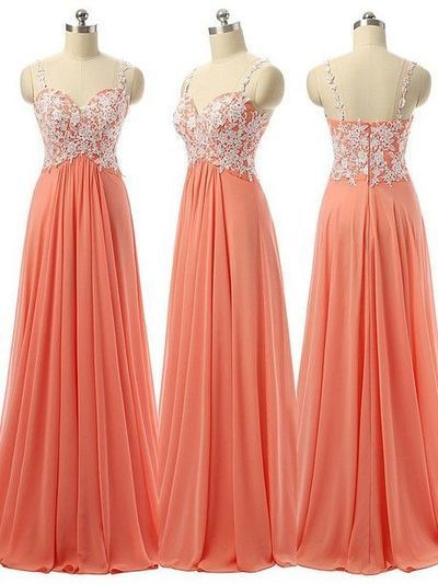 2017 Custom Made Popular Chiffon Prom Dresses, Appliques Evening Dresses, Spaghetti Straps Prom Dresses,sleeveless Evening Dress