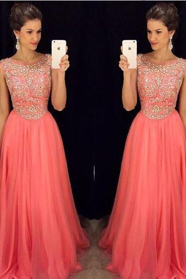 2017 Custom Made Pink Prom Dress,chiffon Evening Dress,beading Party Dress,sleeveless Dress