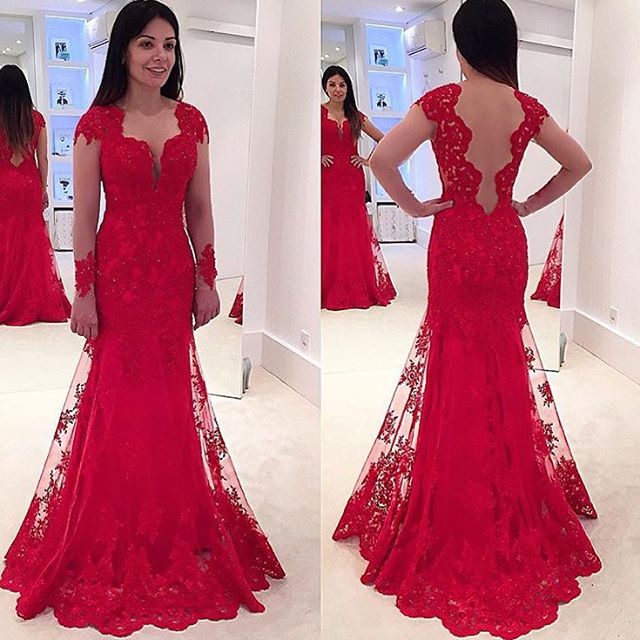 2017 Custom Charming Red Lace Beading Prom Dress,long Sleeves Evening Gown,backless High Quality Party Dress