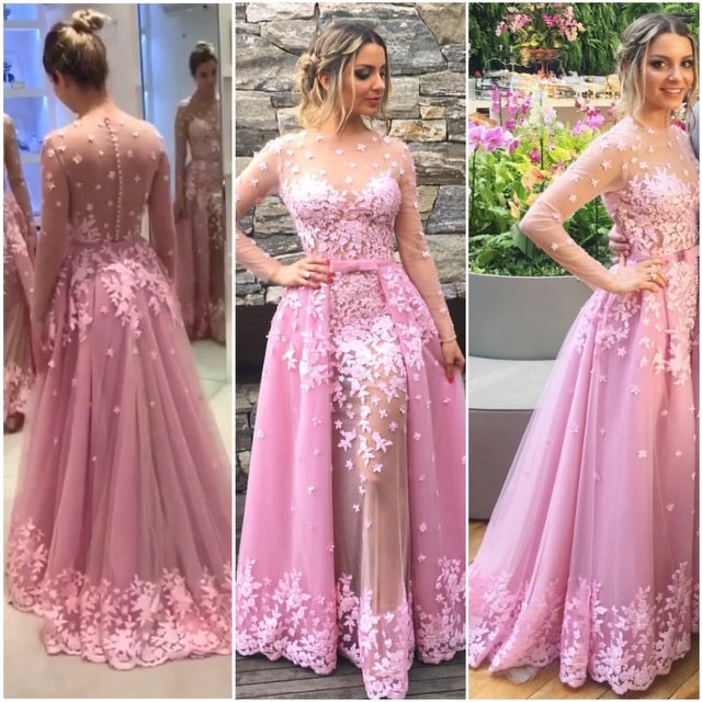 2017 Custom Charming Pink Prom Dress, Long Sleeves Sexy Evening Gown,see Through Party Dress