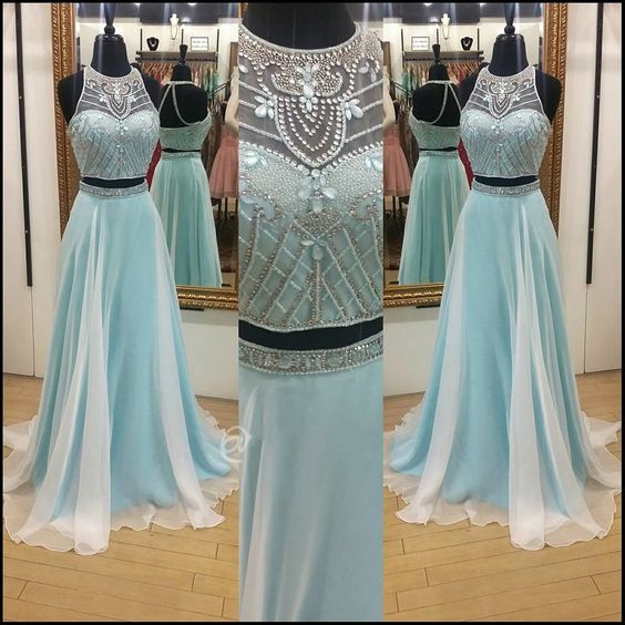 2017 Custom Charming Light Blue Prom Dress,two Pieces Evening Gown,sleeveless Party Dress ,beading Prom Dress