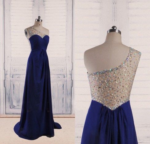 2017 Custom Made Royal Blue Prom Dress,sexy See Through Party Dress,beading Evening Dress,one Shoulder Party Dress