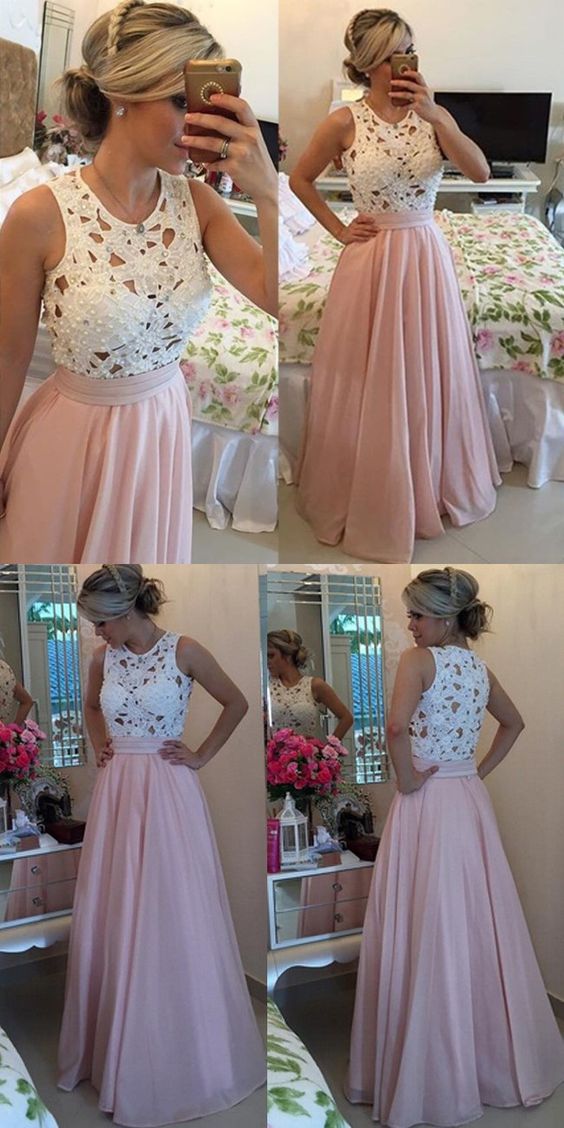 2017 Custom Made Charming White Lace Pink Prom Dress, Sleeveless Crochet Hollow Party Dress, Beading Evening Dress,Floor Length Party Dress