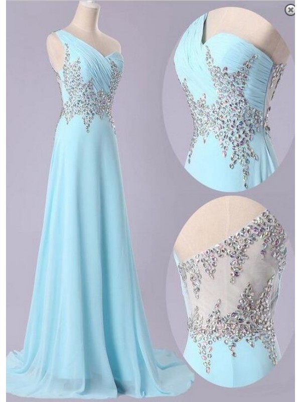 2017 Custom Made Light Blue Prom Dress,sexy One Shoulder Evening Dress,sleeveless Party Gown,beaing Prom Dress,high Quality