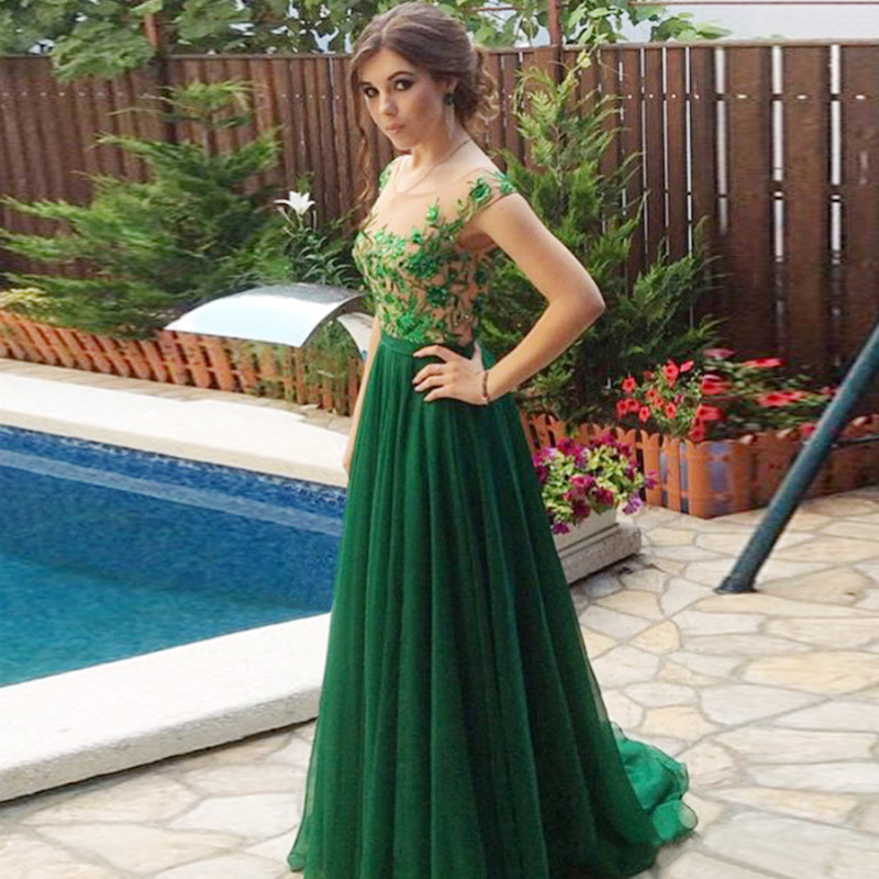 2017 Custom Made Green Beaded Prom Dress,Sexy Appliques Evening Dress,Chiffon Party Gown,Short Sleeves Prom Dress,High Quality