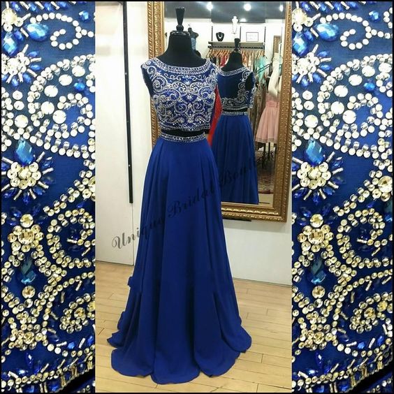 2017 Custom Made Royal Blue Prom Dress,beading Evening Dress,two Pieces Party Gown, Floor Length Pageant Dress,high Quality