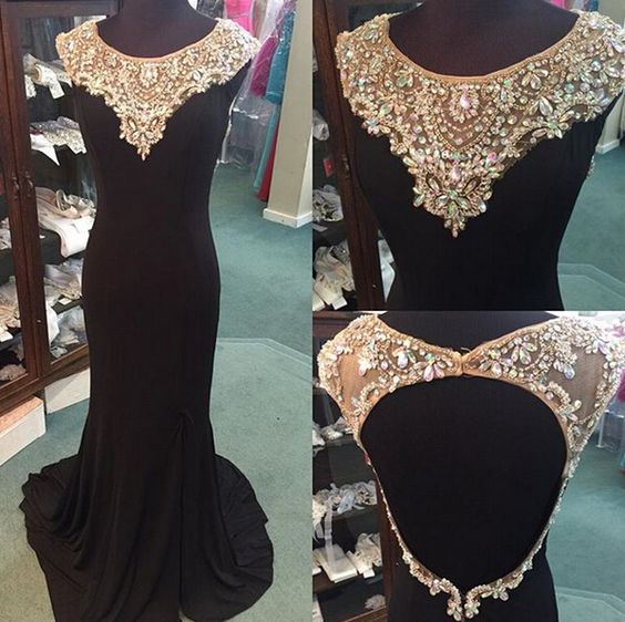 2017 Custom Made Black Prom Dress,beading Evening Dress,sexy Backless Party Gown,side Slit Pageant Dress,high Quality