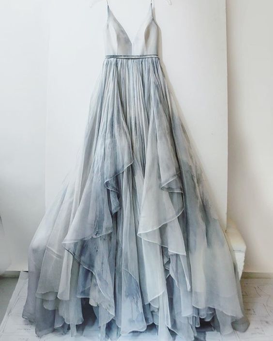 2022 Custom Made Silver Grey Prom Dress, Spaghetti Straps Evening Dress,chiffon Party Gown,v-neck Pegeant Dress, High Quality