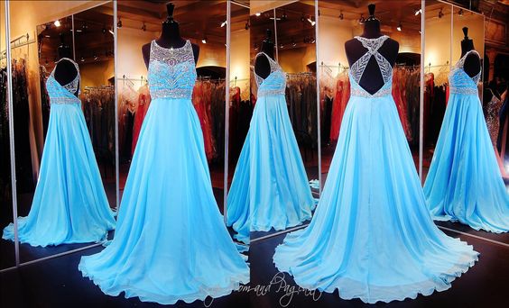 2017 Custom Made Blue Chiffon Prom Dress,beading Evening Dress,sleeveless Party Gown,sexy Open Back Pegeant Dress, High Quality