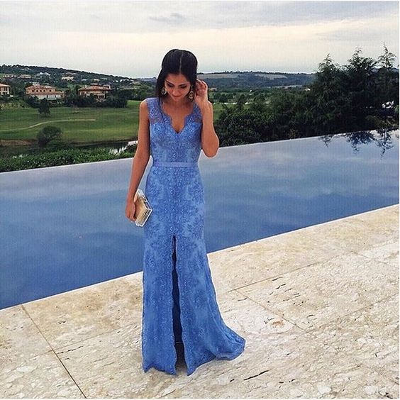 2017 Custom Made Blue Lace Prom Dress,beading Evening Dress,sleeveless Party Gown,v-neck Pegeant Dress, High Quality