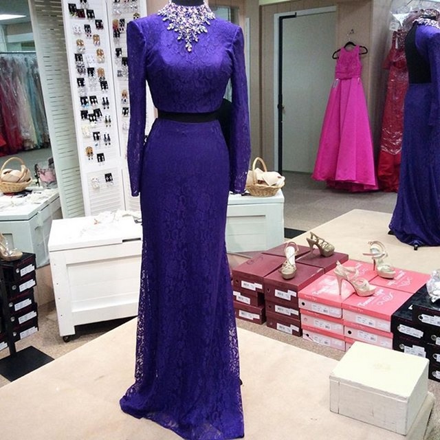 2017 Custom Made Purple Prom Dress,two Pieces Evening Dress,beaded Party Gown,long Sleeves Pegeant Dress, High Quality
