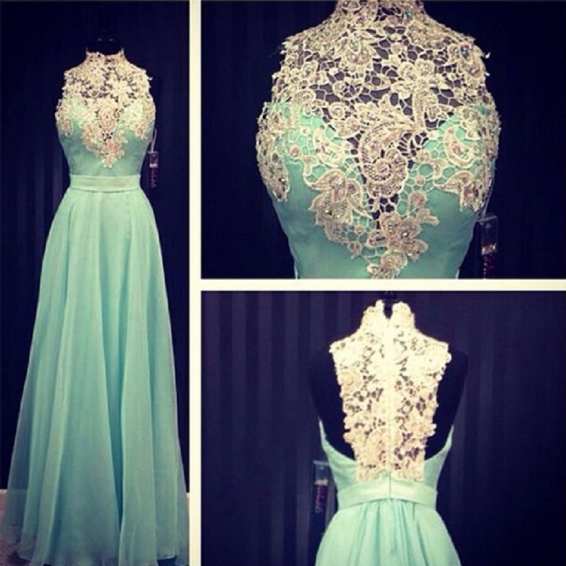 2017 Custom Made Mint Green Prom Dress,halter Evening Dress,appliques Party Gown,backless Pegeant Dress, High Quality