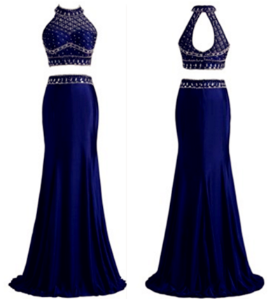 2017 Custom Made Two Pieces Prom Dress,beading Halter Evening Dress, Royal Blue Party Gown,sexy Backless Hole Pegeant Dress, High Quality