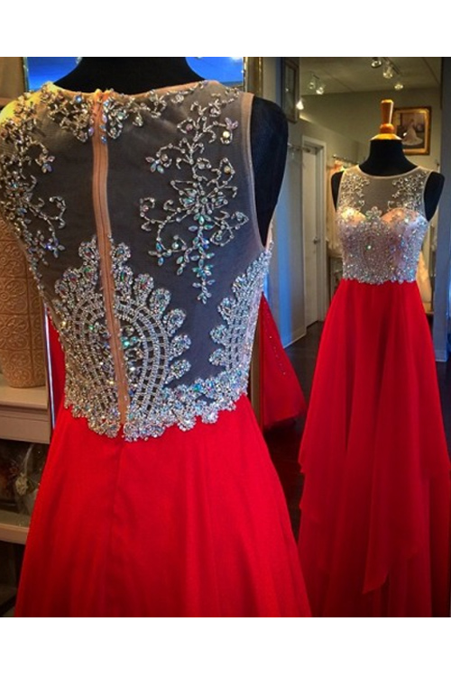 2017 Custom Made Red Chiffon Prom Dress,see Through Evening Dress,floor Length Party Gown,beading Pegeant Dress, High Quality