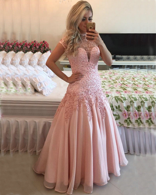 2017 Custom Made Pink Chiffon Prom Dress, Appliques Beading Evening Dress,backless Sexy Dress,floor Length Party Dress,high Quality