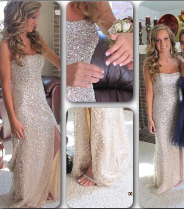 Beaded Embellished Strapless Straight-across Floor Length Trumpet Prom Dress Featuring Slit, Evening Dress