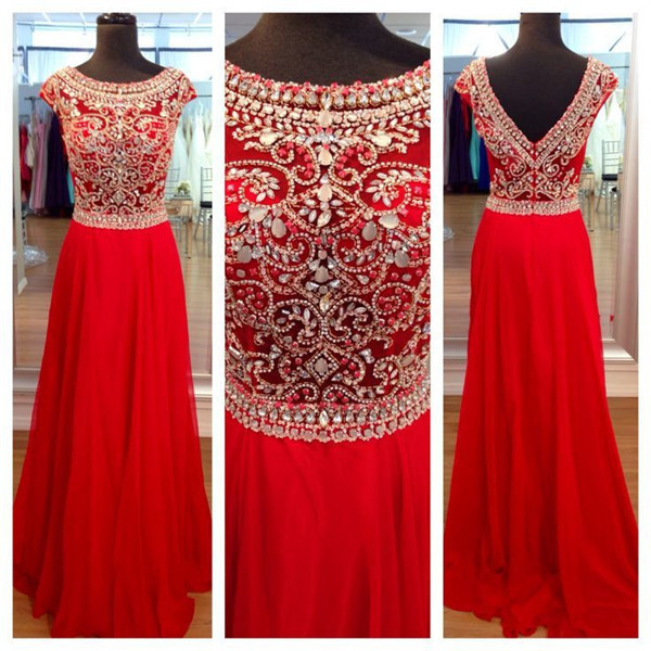 2017 Custom Made Red Prom Dress,chiffon Party Dress,beading Evening Dress,v-back Prom Dress