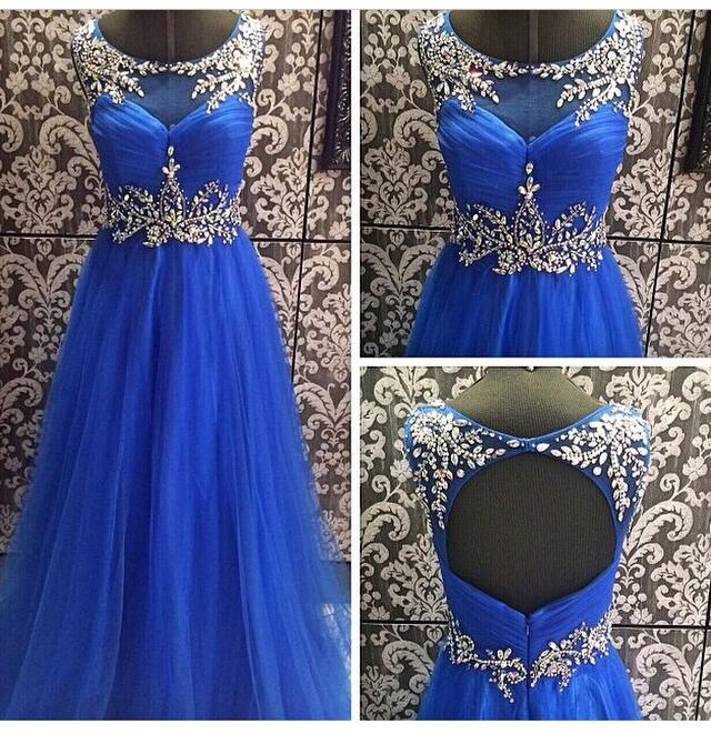 2017 Custom Made Royal Blue Prom Dress,beading Party Dress,chiffon Sleeveless Evening Dress,floor Length Prom Dress