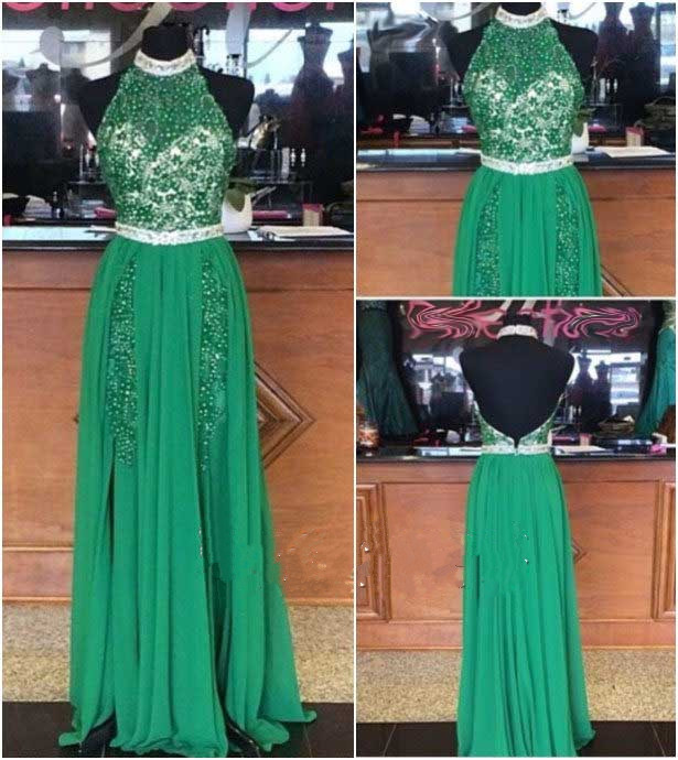 2017 Custom Made Prom Dress,halter Prom Dress,beaded Prom Dresses, Backless Prom Dress, Green Prom Dress