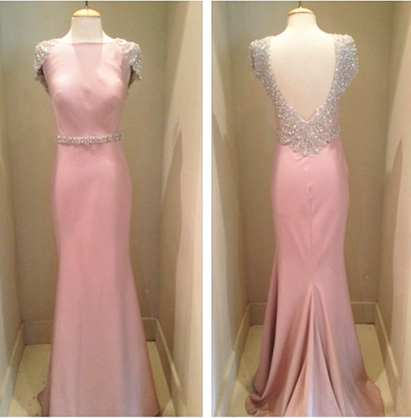 2017 Custom Charming Pink Prom Dress,beading Crystals Evening Dress, Open Back Sexy Prom Dress,bodice Party Dress,high Quality