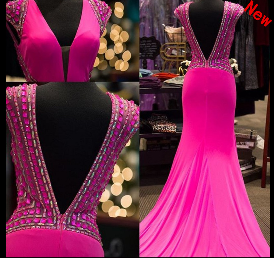 2017 Custom Made High Quality Prom Dress, Rosy Prom Dress,v-neck Prom Dress,backless Prom Dress,crystals Prom Dress