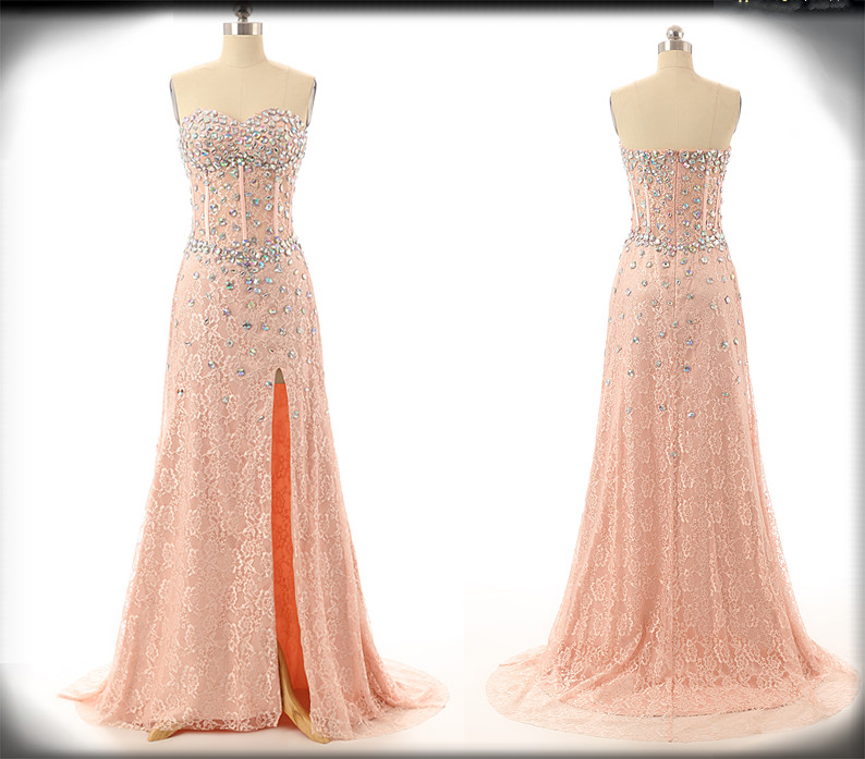 Beaded Embellished Lace Sweetheart Floor Length A-line Formal Dress Featuring Slit, Prom Dress