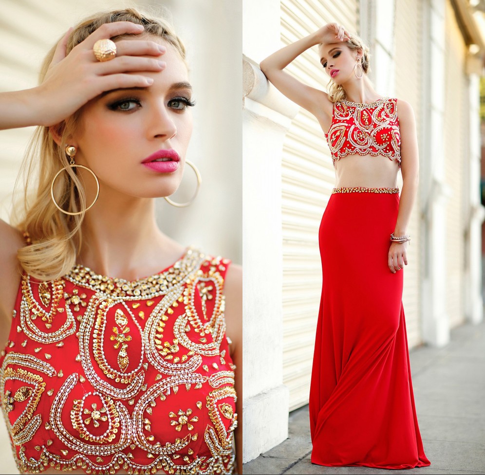 red and gold two piece prom dress