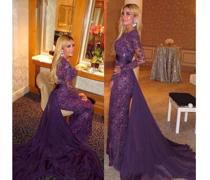 Jewel Neck Evening Dress, Sheer Long Sleeves Evening Dress,purple Evening Dress,gorgeous Evening Dress,lace Evening Dress,detachable Train