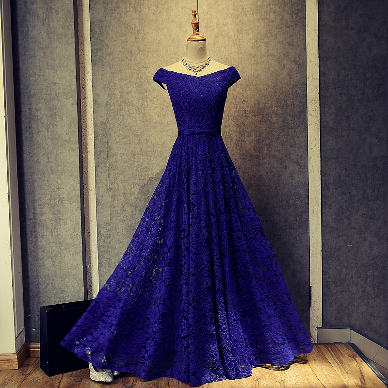 2017 Custom Made Royal Blue Lace Prom Dress,sexy Off The Shoulder Evening Dress,floor Length Party Dress,high Quality