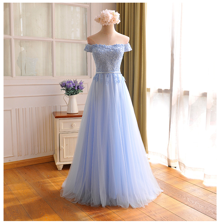 2017 Custom Made Baby Blue Chiffon Prom Dress,sexy Appliques Off The Shoulder Evening Dress,floor Length Party Dress,high Quality