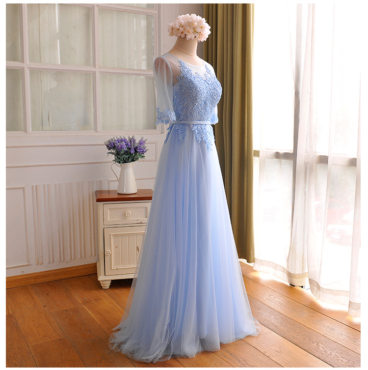 2017 Custom Made Baby Blue Chiffon Prom Dress,sexy Middle Sleeves Evening Dress,appliques Floor Length Party Dress,high Quality