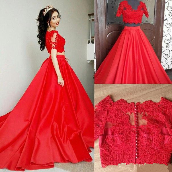 2017 Custom Made Red Lace Prom Dress,two Pieces Evening Dress,short Sleeves Party Dress,high Quality